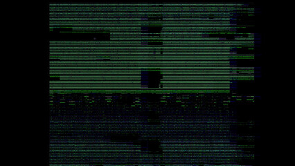 Abstract digital glitch texture on a black background, with distorted neon blue, cyan, green, and purple scan lines, creating a futuristic cyber error effect. © The Stock King