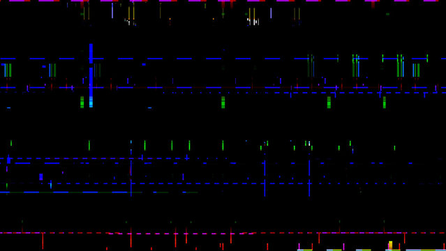 Abstract digital glitch texture on a black background, with distorted neon blue, cyan, green, and purple scan lines, creating a futuristic cyber error effect.