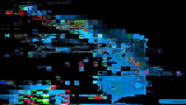 Abstract digital glitch texture on a black background, with distorted neon blue, cyan, green, and purple scan lines, creating a futuristic cyber error effect.