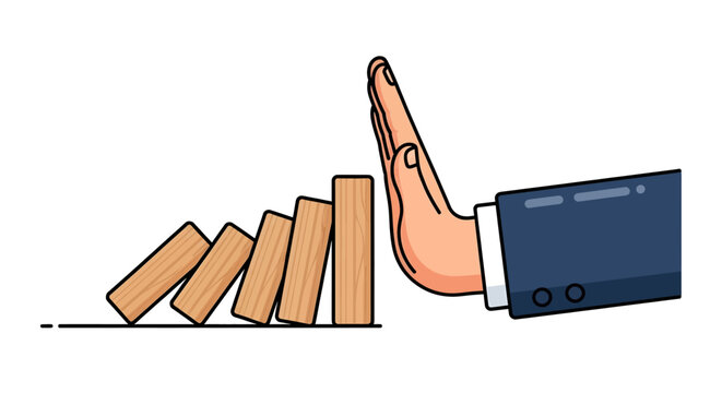 Businessman stopping falling wooden blocks.
