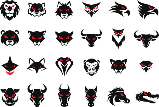 Set of wild animal head icons with red eyes in black style isolated on transparent background, Vector