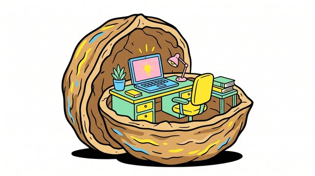 Opened giant walnut shell with tiny office desk inside, executive summary concept