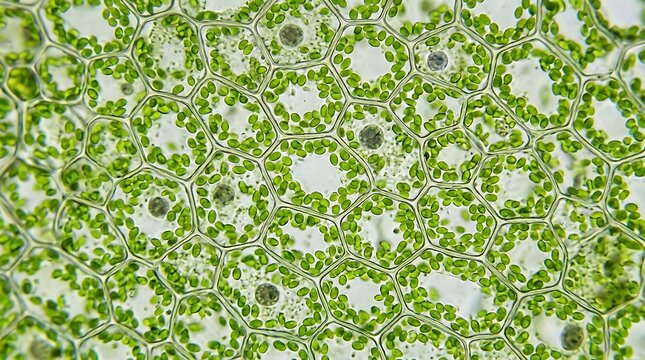 Microscopic view of plant cells showing cell walls and chloroplasts in green leaves of a moss or aquatic plant