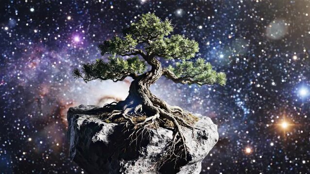 A majestic bonsai tree thrives on a floating island amidst a vibrant nebula, showcasing nature's resilience in the cosmos