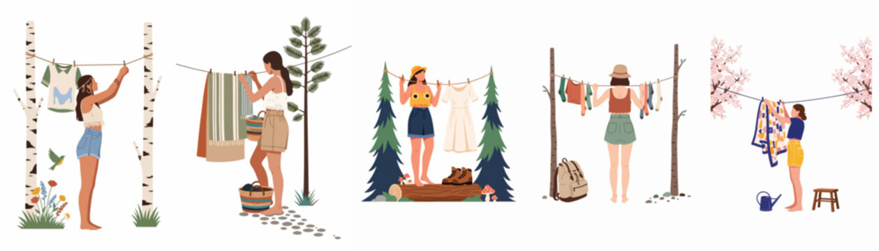 Set of flat illustrations showing women and a girl hanging laundry on outdoor clotheslines in various natural settings like forests and gardens.