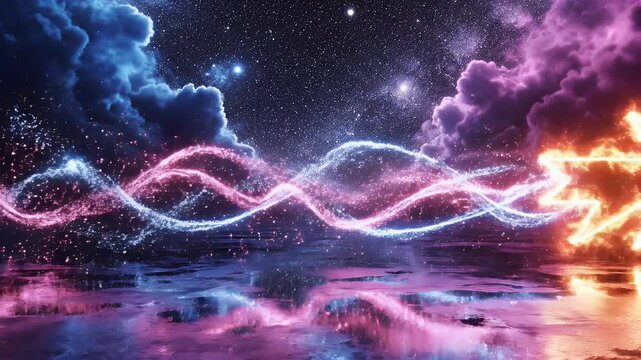 Surreal cosmic landscape with glowing arrow, nebula clouds, and reflective water