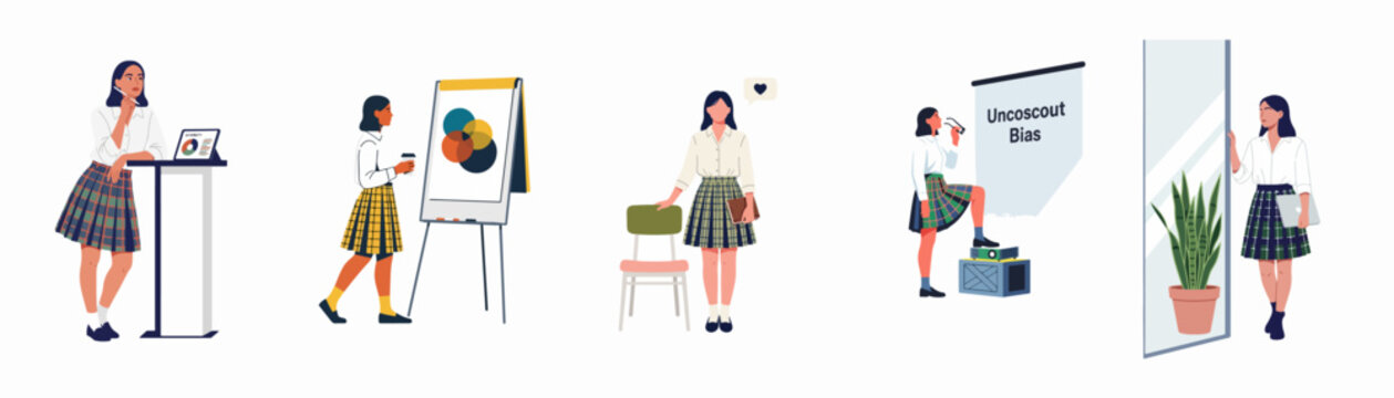 Set of illustrations featuring a young woman in a school uniform engaged in educational activities, diversity presentations, and self-reflection on unconscious bias.