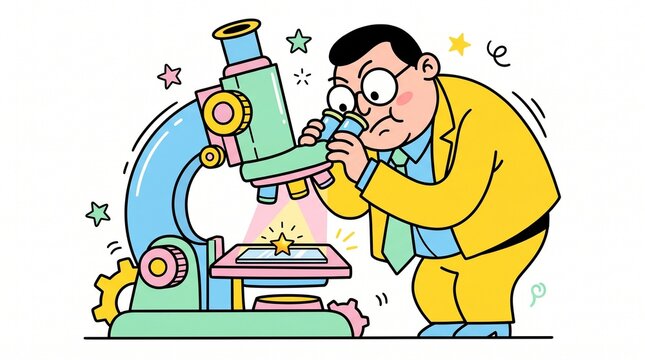 Business character looking through giant microscope at golden star, quality control concept
