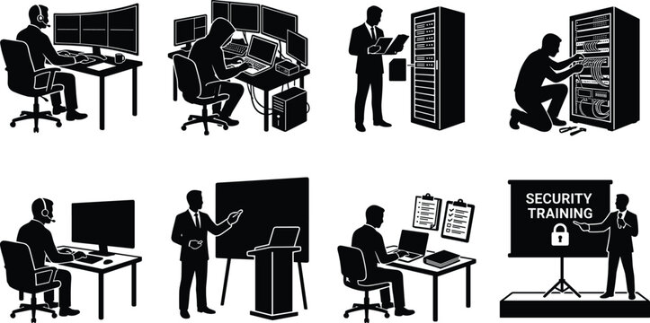 Cybersecurity Professionals Silhouette Collection Featuring IT Support Network Administration Server Management and Security Training