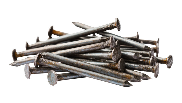 Pile of metal construction nails sharp points and flat heads, isolated on transparent background