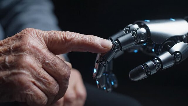 A poignant moment of connection between human and robot, highlighting the intersection of technology and emotion in the evolving landscape of artificial companionship.