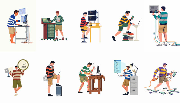 Collection of Illustrations Featuring a Software Developer Working in Various Technical Scenarios, Including Coding, Server Maintenance, and Busy Office Life.