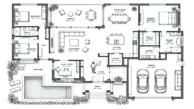 Architectural floor plan vector, modern house layout with pool and garage, detailed residential blueprint for home construction and interior design