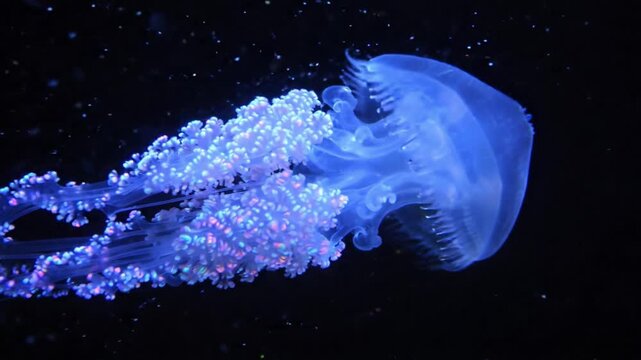 A Mesmerizing Underwater Dance: Captivating Jellyfish Gliding Gracefully Through the Dark Depths of the Ocean, Illuminated by Shimmering Colors and Ethereal Light