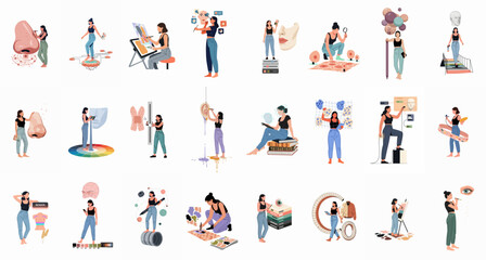 Fototapeta premium Comprehensive set of flat vector illustrations featuring a female digital artist and designer working on 3D modeling, skin textures, and creative projects.
