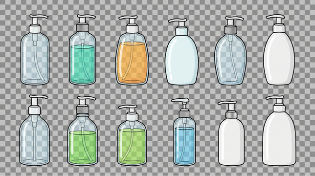 Set of soap and lotion pump dispenser bottles vector illustration on transparent background.