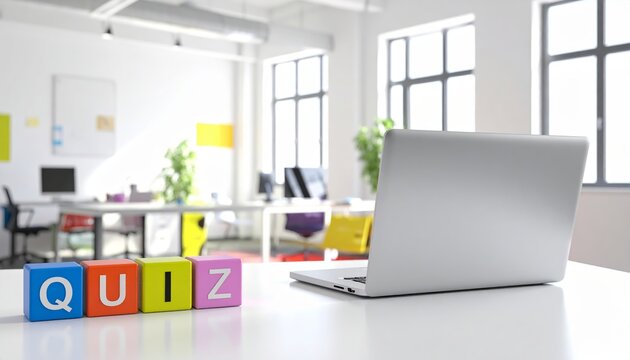 Quiz Blocks and Laptop in a Modern Office for Online Learning