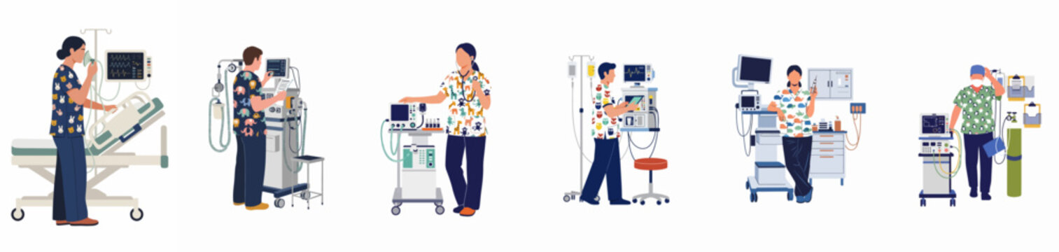 Collection of diverse pediatric healthcare professionals in patterned scrubs operating medical equipment and hospital machinery, isolated on a white background.