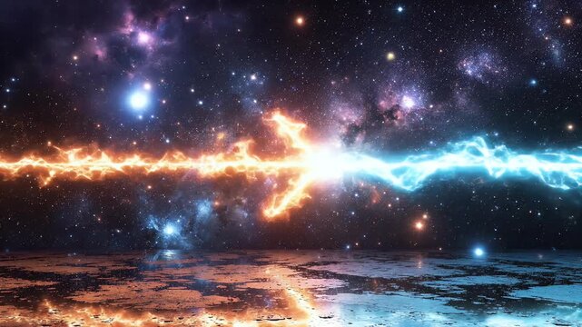 Cosmic collision of fiery and icy energies illuminating a reflective, starlit void