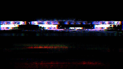 Fototapeta premium Abstract horizontal glitch distortion with RGB noise and digital signal interference on black background, futuristic tech overlay for screen error, broadcast failure or cyber design.