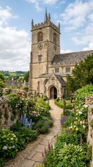 Fototapeta premium Historic church with clock tower and beautiful garden pathway