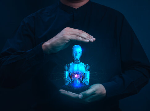 Human hands protecting and control AI robot hologram. Responsible AI, artificial intelligence governance, ethical technology, AI regulation, cybersecurity, human oversight, safe digital innovation.