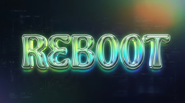 Shiny metallic reboot word text with a cool green and blue gradient effect on dark background