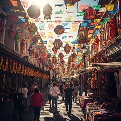 Obraz premium Vibrant street market in Mexico decorated with colorful traditional paper flags.