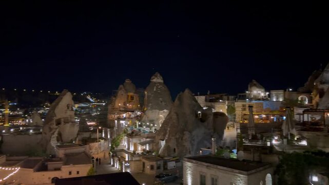 Night Panorama of Goreme Town Illuminated in Cappadocia Turkey
