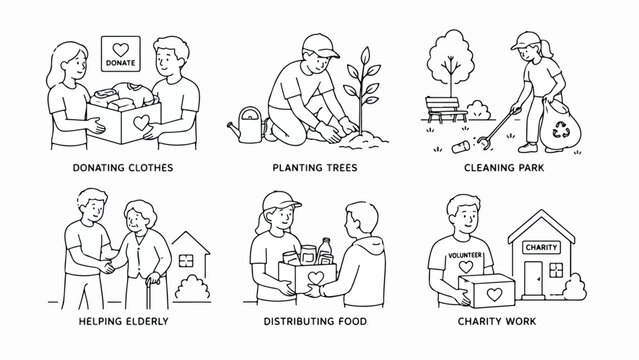 Volunteer and charity work line art icons, set of 6 community service illustrations, donating clothes and food to people in need, planting trees