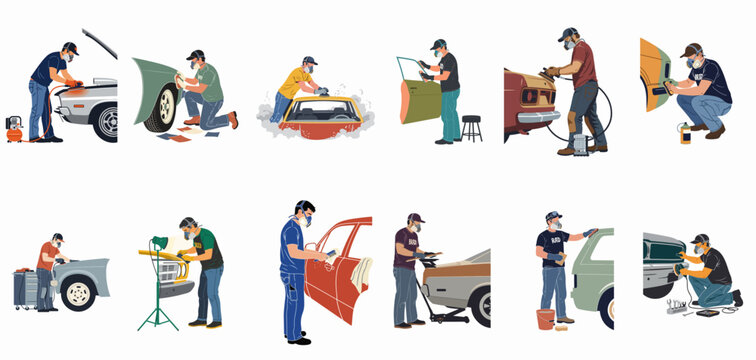Set of illustrations depicting auto body technicians and mechanics performing restoration, sanding, and detailing on classic vintage cars.