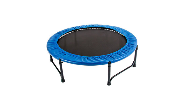 Small round fitness trampoline with black mat and blue safety padding isolated on transparent background cut out