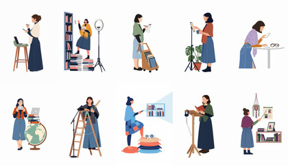 Fototapeta premium Collection of ten flat vector characters showcasing women working, learning, and creating content using books, laptops, and digital devices.