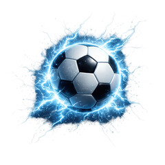 Fototapeta premium Soccer ball surrounded by bright blue electric lightning energy and water splashes