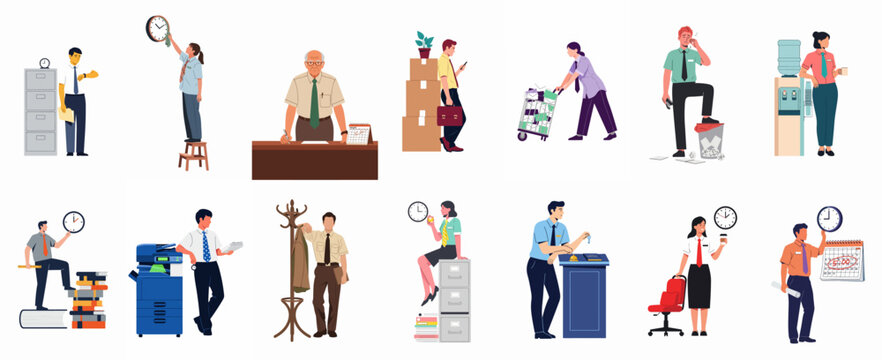 Set of diverse office workers engaged in various workplace tasks, representing daily routines, challenges, and professional activities in a corporate environment.