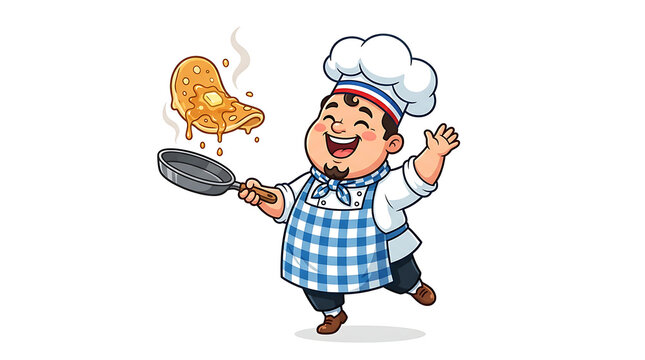Retro 1970s chef mascot flipping a melting pancake vector