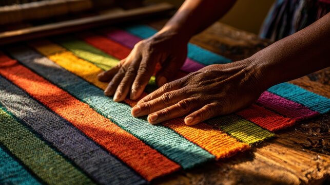 Artisan hands weaving colorful threads on a traditional loom to create a vibrant striped textile pattern
