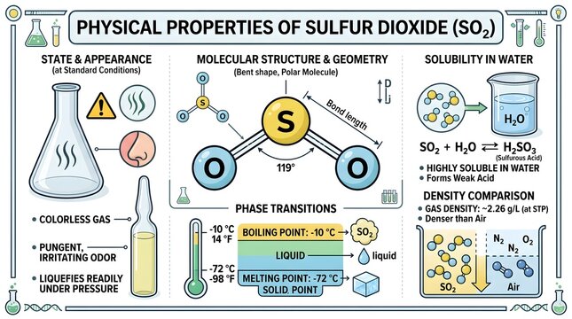 Infographic on the physical properties of sulfur dioxide (SO₂) describing state and appearance, molecular structure and geometry, phase transitions, solubility in water, density comparison with air, a
