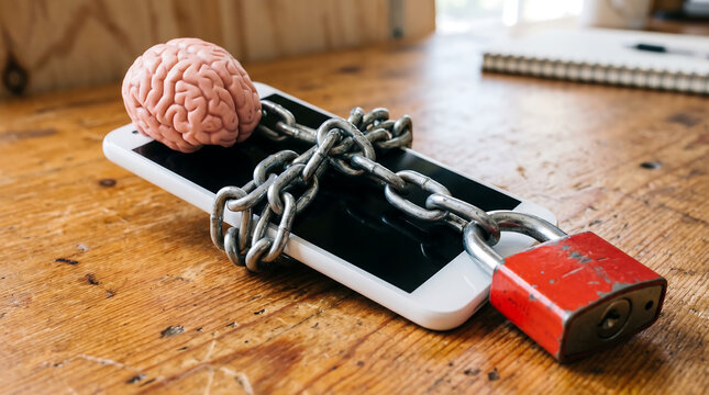 Smartphone addiction concept, brain controlled by chains and lock, mobile phone slavery, digital addiction