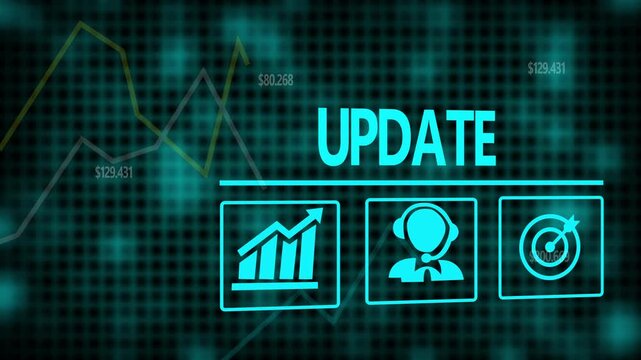 Update business concept on a flashing computer monitor with moving graphs and data.