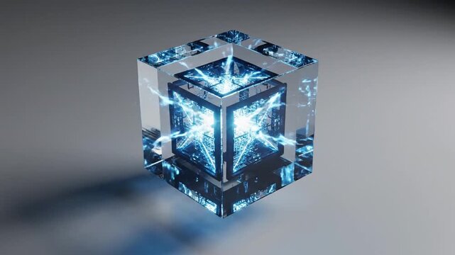 Abstract glowing cube with star inside, futuristic technology concept, digital art