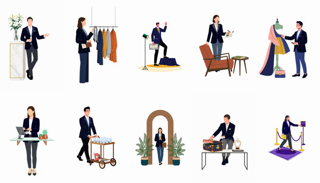 Illustrations of professional people in various roles like fashion design, retail, event planning, and hospitality services.