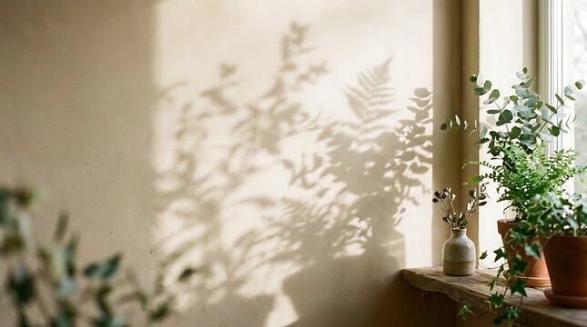 Shadow of tropical leaves on a beige wall natural sunlight, soft shadows from plants on a textured wall minimalist interior design background with copy space
