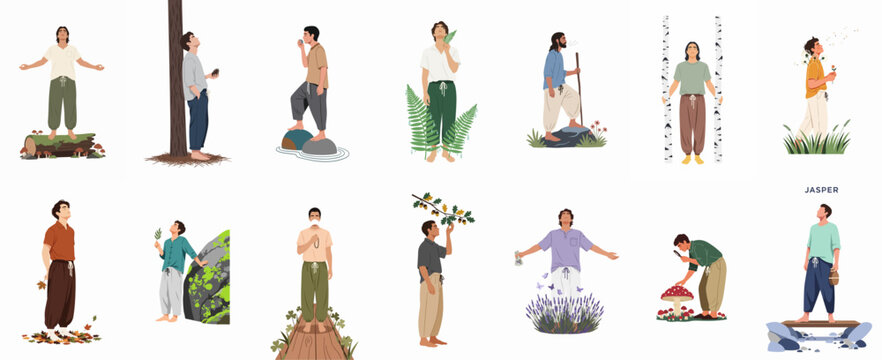 A set of illustrations showing diverse men practicing mindfulness and connecting with nature through various outdoor activities like forest bathing and meditation.