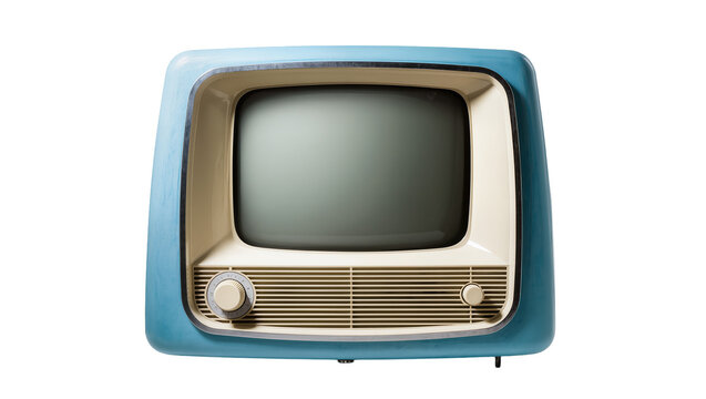Retro blue and cream television with knobs, isolated on transparent background