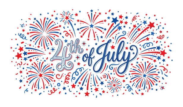 Fourth of july typography with fireworks and stars isolated on transparent background
