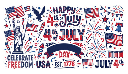 Festive 4th of july illustration with statue of liberty flags fireworks and patriotic elements isolated on transparent background © habiba creative