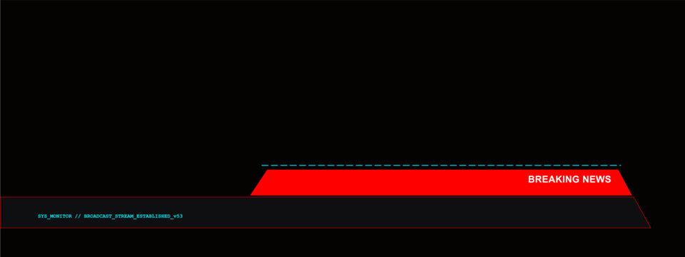 Breaking news graphic overlay with red banner and system monitor text.