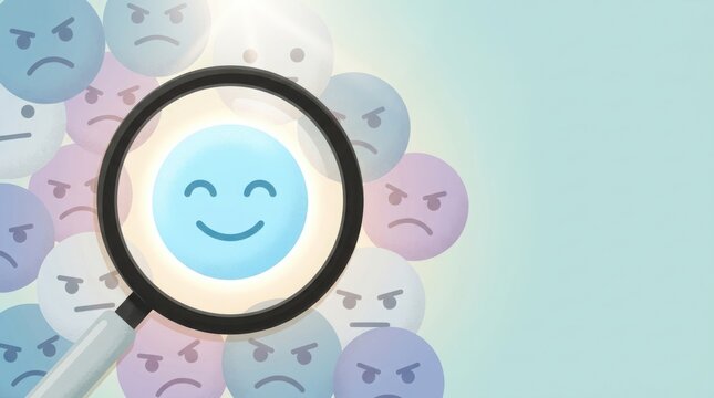 A magnifying glass focusing on a single happy emoji amidst a crowd of many grumpy angry faces.