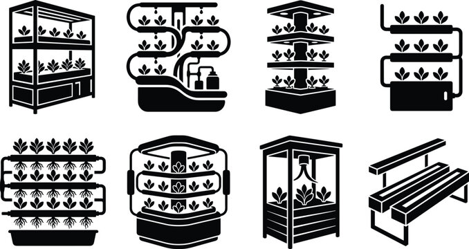 Vertical farming and hydroponic system icons set representing smart agriculture indoor gardening and modern sustainable cultivation systems